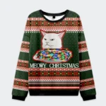 Front view of the stop eating the tinsel cat Christmas ugly sweatshirt featuring a cat with lights on a green background.