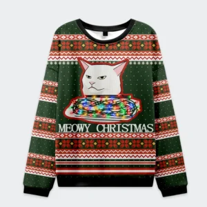 Front view of the stop eating the tinsel cat Christmas ugly sweatshirt featuring a cat with lights on a green background.