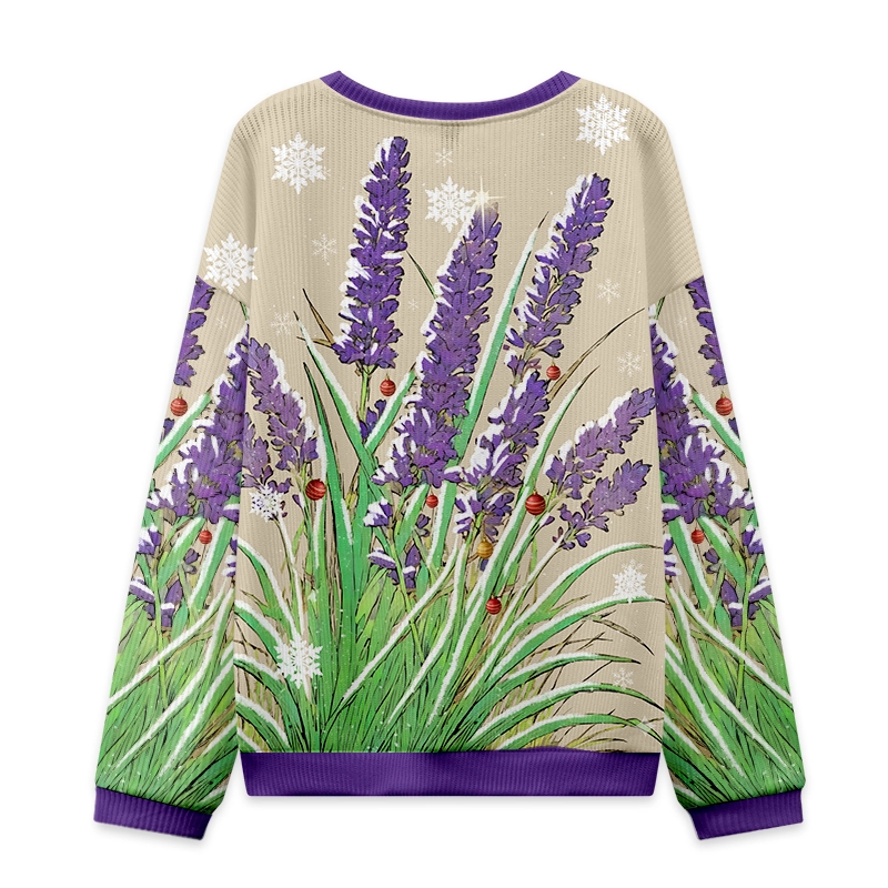 Japanese Lavender Christmas Ugly Sweatshirt Back view of the Japanese lavender Christmas ugly sweatshirt showcasing the detailed lavender design with green accents.