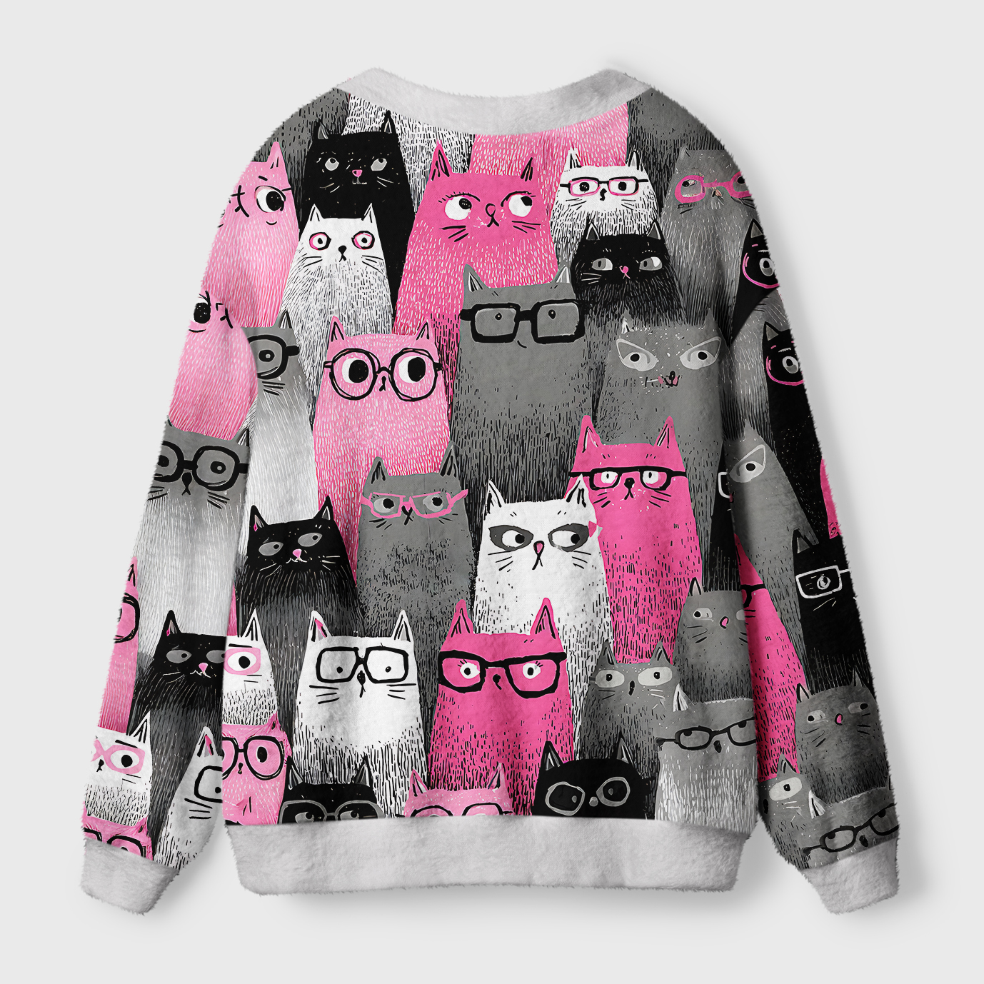 Cats With Attitude Cardigan Sweater Back angle of the cats with attitude cardigan sweater showcasing its colorful cat print and cozy fit.