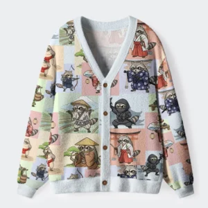 Front view of the Japanese raccoon cardigan sweater featuring a colorful traditional animal design.