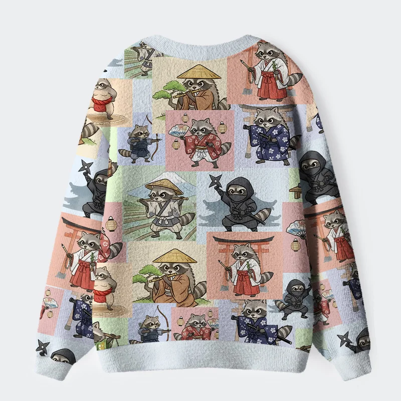 Japanese Raccoon Cardigan Sweater | Traditional Animal Design Back view of the Japanese raccoon cardigan sweater showcasing its soft texture and playful raccoon patterns.