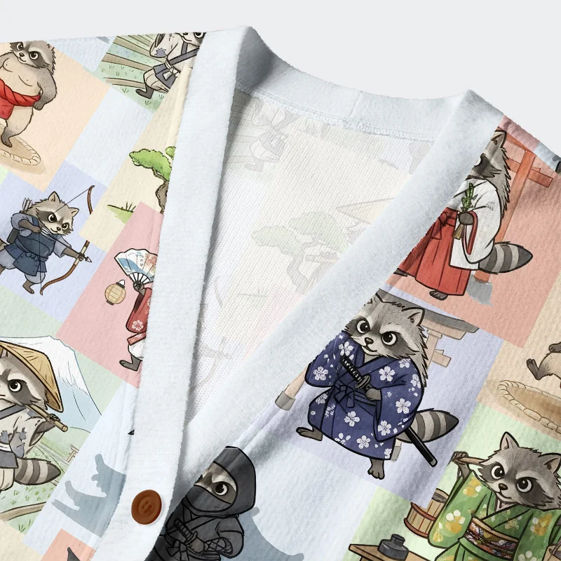 Japanese Raccoon Cardigan Sweater | Traditional Animal Design Close-up detail of the Japanese raccoon cardigan sweater's buttons and vibrant illustrations of raccoons in traditional attir