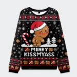 Front view of the black Kissing The Gingerbread Man's Butt Christmas sweatshirt with festive design and vibrant colors.