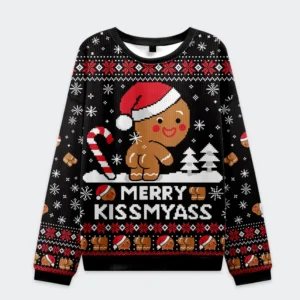 Front view of the black Kissing The Gingerbread Man's Butt Christmas sweatshirt with festive design and vibrant colors.