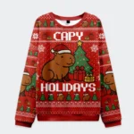 Front view of the capybara celebration christmas ugly sweatshirt in red with festive designs and playful capybara graphics.