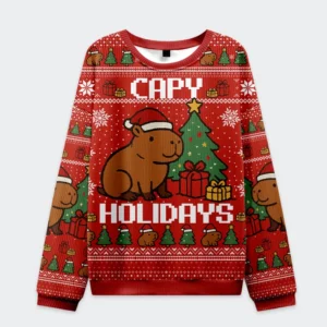 Front view of the capybara celebration christmas ugly sweatshirt in red with festive designs and playful capybara graphics.