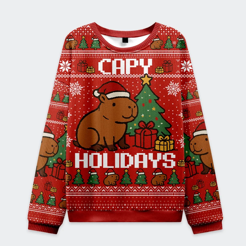 Capybara Celebration Christmas Ugly Sweatshirt Front view of the capybara celebration christmas ugly sweatshirt in red with festive designs and playful capybara graphics.