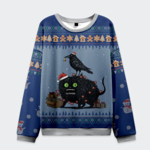 Front view of the Christmas Chaos cat crow and fish unite sweatshirt featuring vibrant colors and fun holiday design.