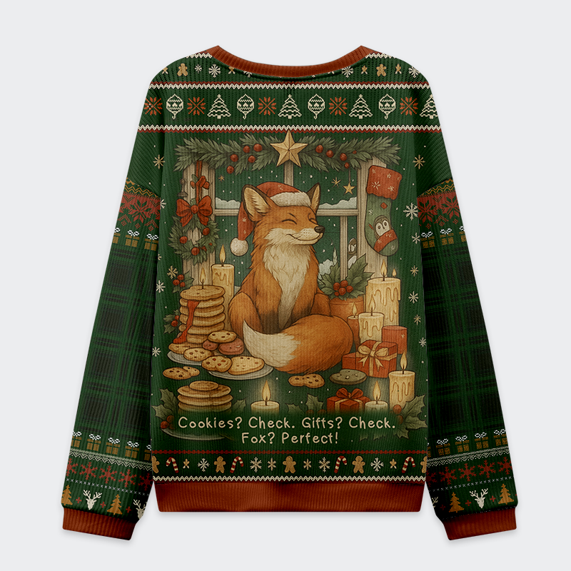 Cookies, Candles, and a Foxy Holiday Sweatshirt Back view showcasing the cozy design of the foxy holiday sweatshirt with festive patterns and colors.