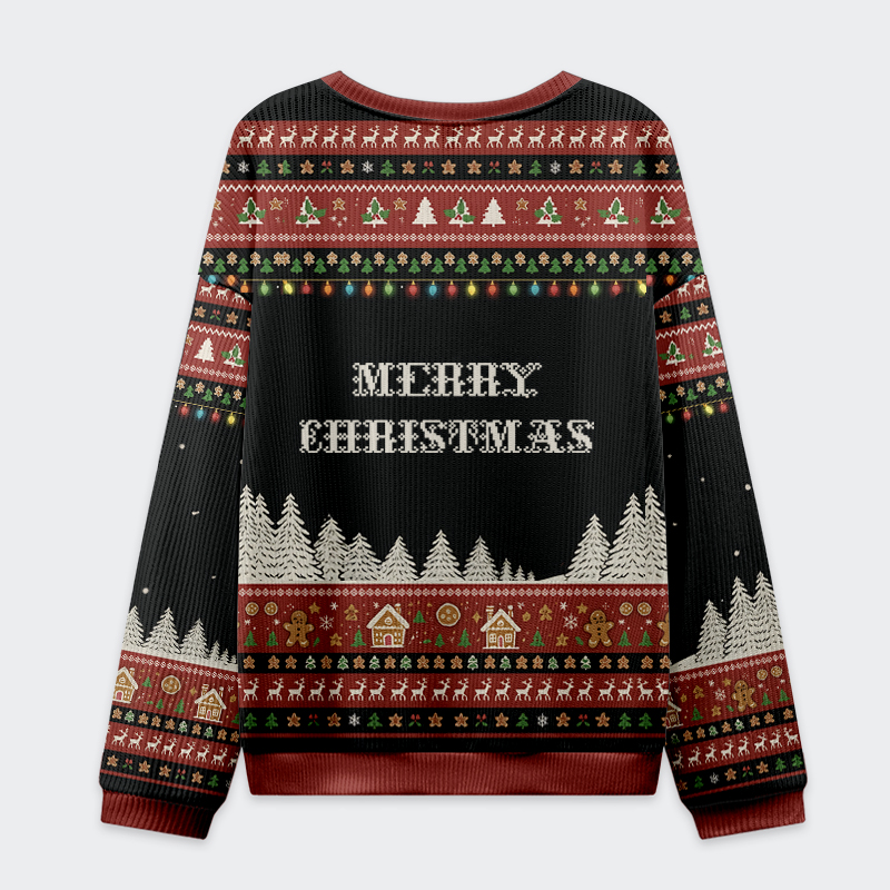 Gingerbread Ninjas In Battle Christmas Ugly Sweatshirt Back view of the gingerbread ninjas in battle christmas ugly sweatshirt, showcasing a cozy fit with holiday patterns.