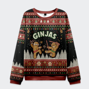Front view of the gingerbread ninjas in battle christmas ugly sweatshirt, featuring vibrant colors and festive designs.