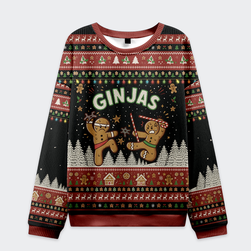 Gingerbread Ninjas In Battle Christmas Ugly Sweatshirt Front view of the gingerbread ninjas in battle christmas ugly sweatshirt, featuring vibrant colors and festive designs.