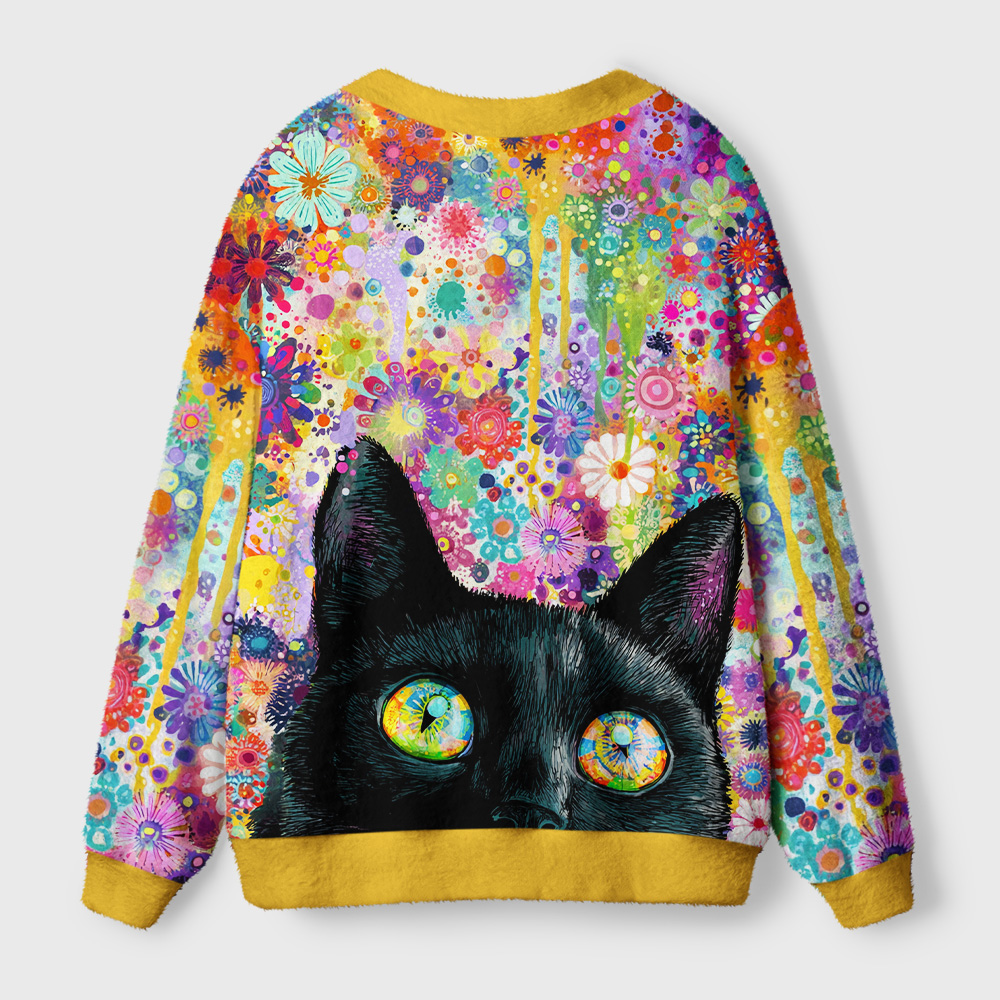 Cat Among Flowers Cardigan Sweater | Floral Cat Design Back view of the cat among flowers cardigan sweater showcasing the colorful floral pattern and cozy fit.