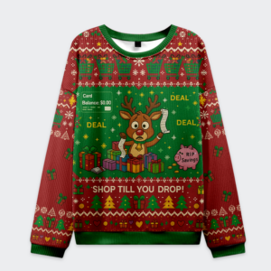 Front view of the RIP Savings broke for the holidays sweatshirt, featuring a festive reindeer design in red and green.