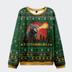 Front view of Tremble Before The Roar Of Catzilla Christmas Ugly Sweatshirt, featuring a cat design on green background.