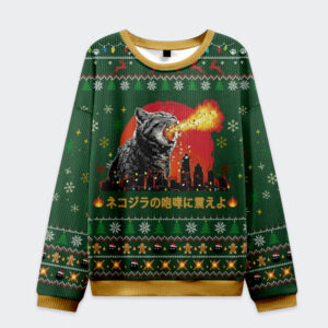 Front view of Tremble Before The Roar Of Catzilla Christmas Ugly Sweatshirt, featuring a cat design on green background.