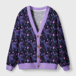 Front view of the nebula cat cardigan sweater featuring a galaxy cat design and purple trim.