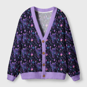 Front view of the nebula cat cardigan sweater featuring a galaxy cat design and purple trim.