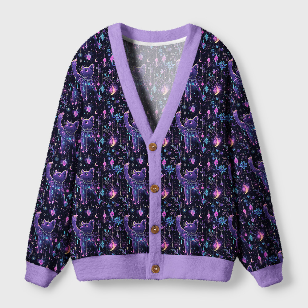 Nebula Cat Cardigan Sweater | Galaxy Cat Design Front view of the nebula cat cardigan sweater featuring a galaxy cat design and purple trim.