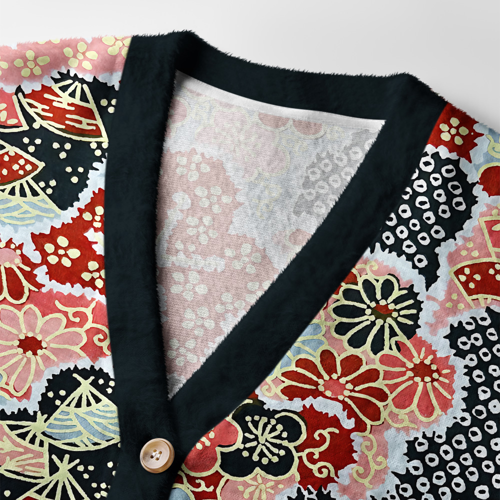 Floral Symphony Cardigan Sweater | Botanical Art Design Close-up detail of the floral symphony cardigan sweater highlighting intricate designs and button accents.