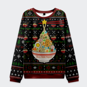 Front view of the black holiday sweatshirt featuring 'Slurp, Smile, Repeat' design with festive noodles and gingerbread.