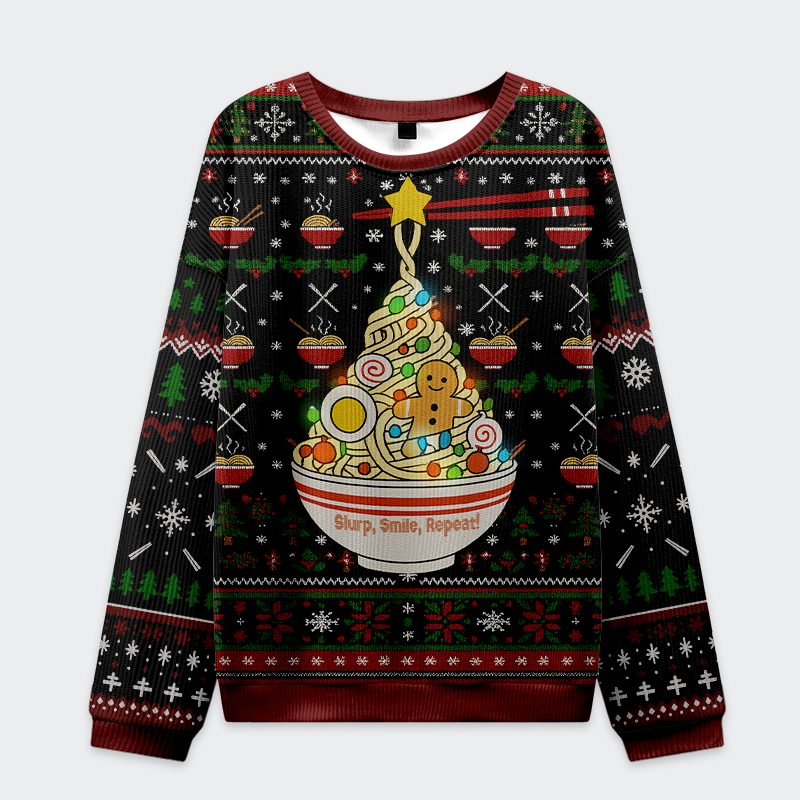 Slurp Smile Repeat Holiday Christmas Ugly Sweatshirt Front view of the black holiday sweatshirt featuring 'Slurp, Smile, Repeat' design with festive noodles and gingerbread.