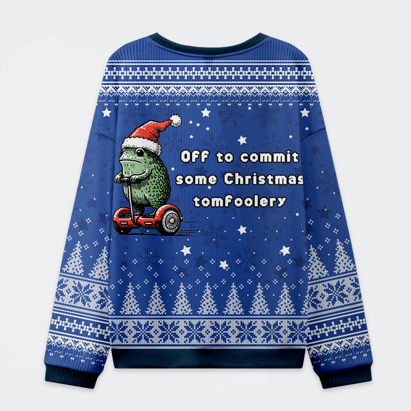 Off to Commit Some Christmas Tomfoolery Sweatshirt Back view of the blue sweatshirt showcasing its festive design and cozy fit, perfect for Christmas tomfoolery.