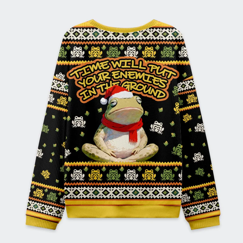 Christmas Frogs Drive Away Humans Sweatshirt Back view of the Christmas frogs drive away humans sweatshirt showcasing the unique animal-themed pattern and cozy fit.