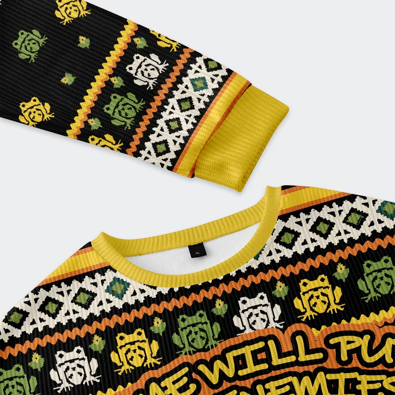 Christmas Frogs Drive Away Humans Sweatshirt Close-up detail of the Christmas frogs drive away humans sweatshirt highlighting the colorful knit texture and playful graphi