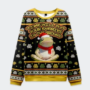 Front view of the Christmas frogs drive away humans sweatshirt, featuring a festive frog design with vibrant colors.