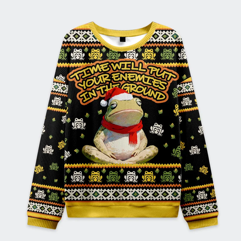 Christmas Frogs Drive Away Humans Sweatshirt Front view of the Christmas frogs drive away humans sweatshirt, featuring a festive frog design with vibrant colors.