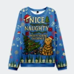 Front view of the naughty cat Christmas ugly sweatshirt featuring a playful design in blue with a festive cat and tree.
