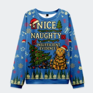 Front view of the naughty cat Christmas ugly sweatshirt featuring a playful design in blue with a festive cat and tree.