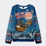 Front view of the blue Goodbye Krampus Christmas ugly sweatshirt featuring a whimsical design with Krampus and festive elemen