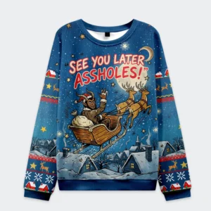 Front view of the blue Goodbye Krampus Christmas ugly sweatshirt featuring a whimsical design with Krampus and festive elemen