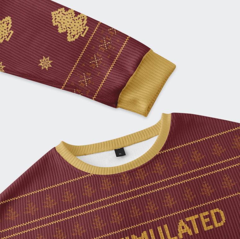 Penguin Overstimulated but Festive Christmas Ugly Sweatshirt Close-up detail of the penguin overstimulated but festive sweatshirt highlighting the intricate festive patterns.