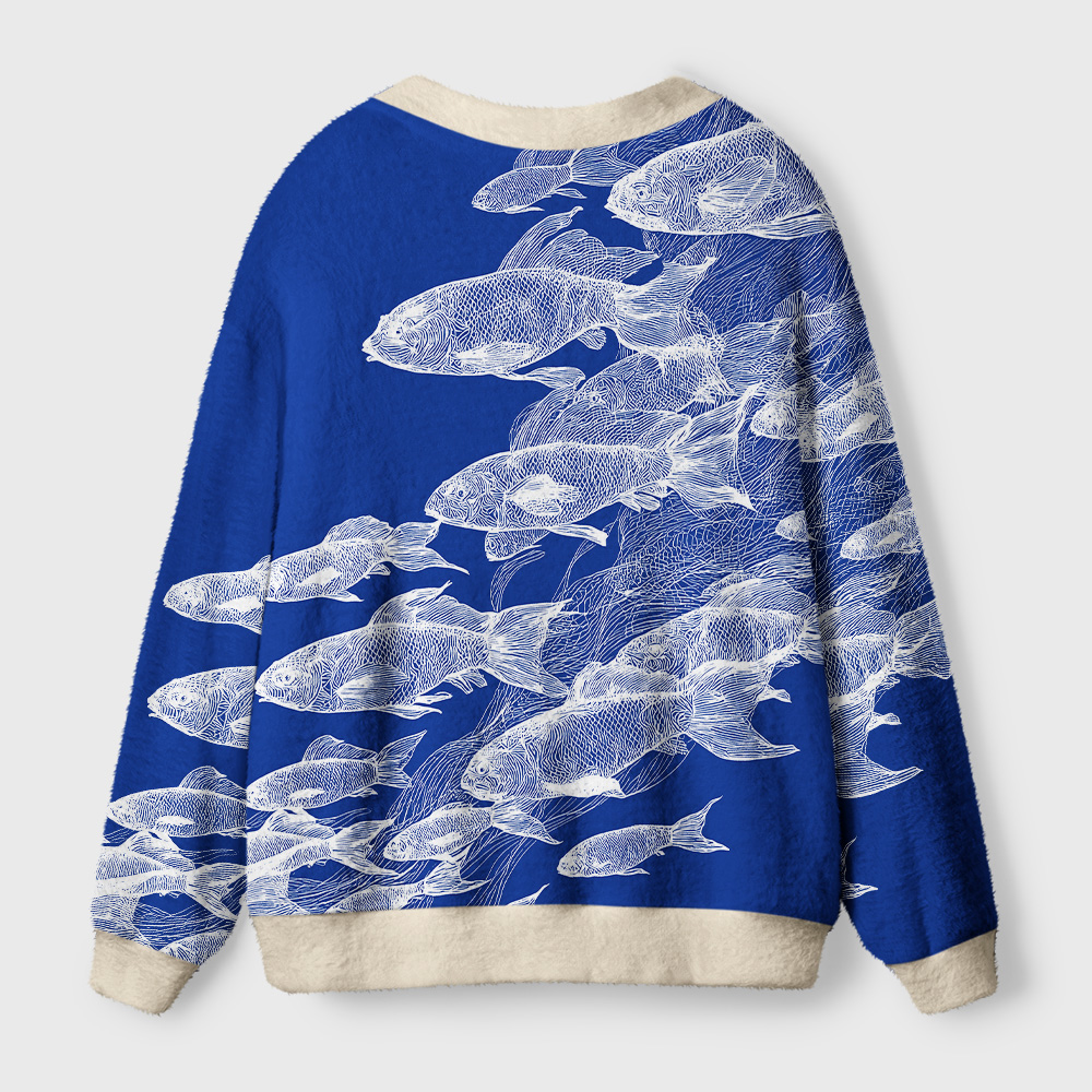 Blueprint of the Sea Cardigan Sweater Back view of the blueprint of the sea cardigan sweater showcasing a cozy fit with soft cream accents and ocean art.