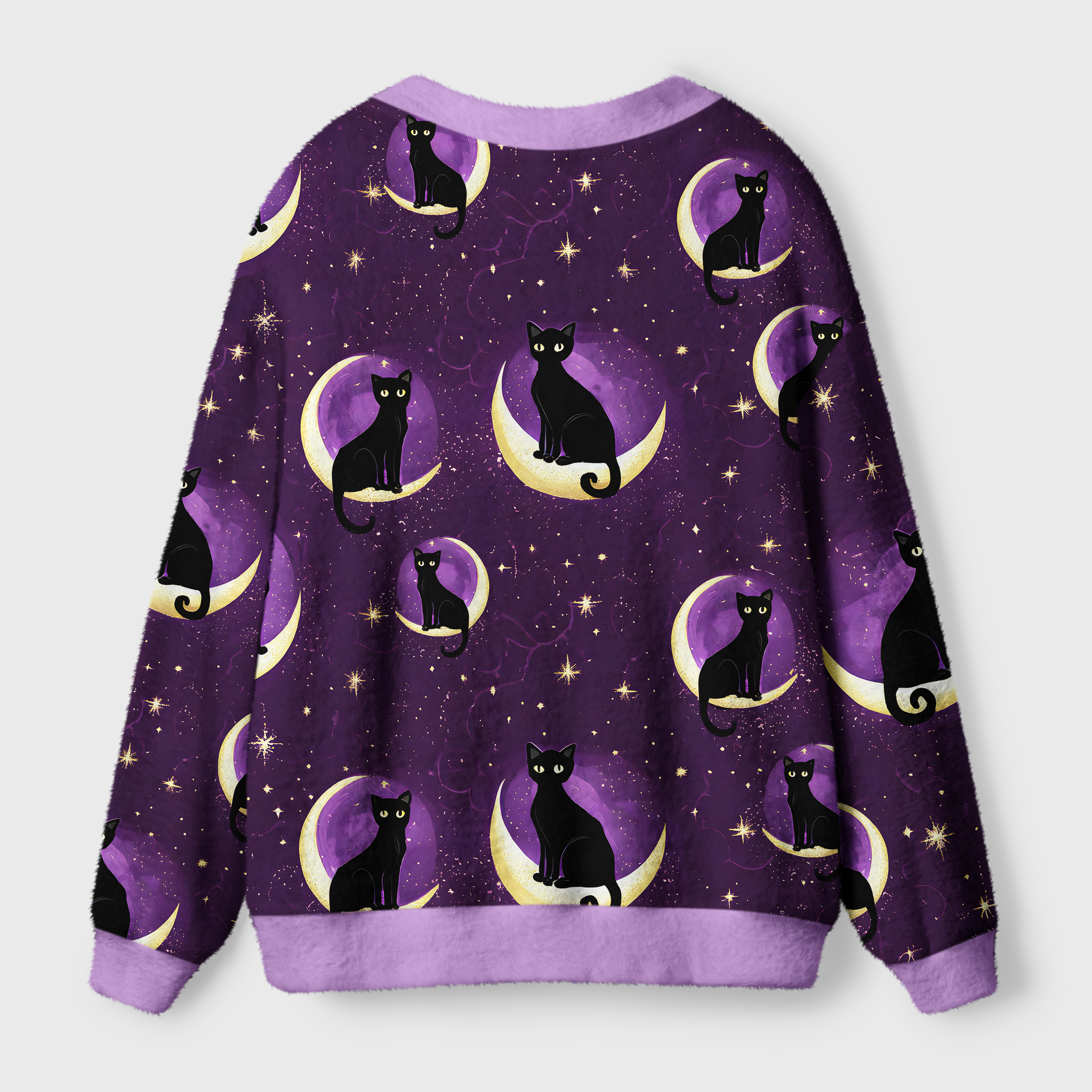 Moon Cat Cardigan Sweater | Celestial Cat Design Back view of the moon cat cardigan sweater showcasing the unique celestial cat print with contrasting lavender trim.