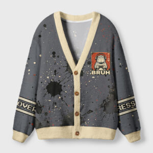 Front view of the bruh capybara gamer cardigan sweater featuring a grey splatter design and beige accents.