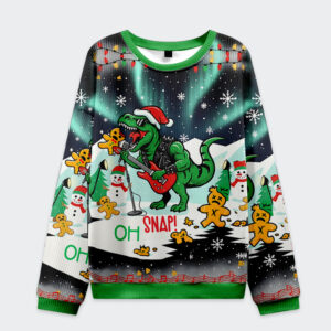 Front view of the Oh Snap dino holiday concert sweatshirt featuring a festive dinosaur design with vibrant colors.