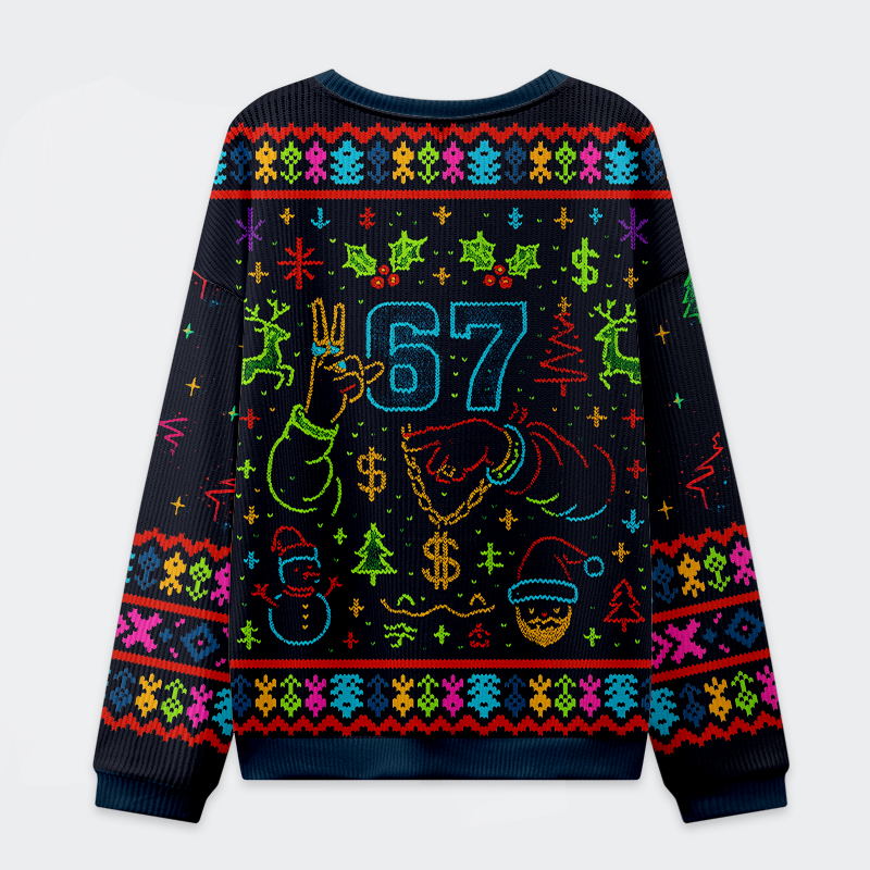 Santa Says Six Seven Christmas Ugly Sweatshirt Back view of the Santa Says Six Seven Christmas ugly sweatshirt showcasing vibrant patterns and cozy fit details.