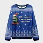 Front view of the blue Christmas sweatshirt featuring a frog in a Santa hat, captioned 'Off to commit some Christmas tomfoole
