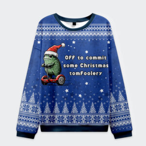 Front view of the blue Christmas sweatshirt featuring a frog in a Santa hat, captioned 'Off to commit some Christmas tomfoole
