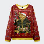 Front view of the cat general eating ramen Christmas sweatshirt, featuring a festive red color and detailed cat design.
