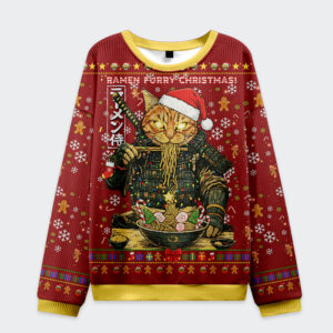 Front view of the cat general eating ramen Christmas sweatshirt, featuring a festive red color and detailed cat design.