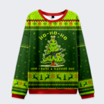 Front view of the green 'Ho Ho Ho, Now I Have a Machine Gun' sweatshirt featuring a festive Christmas tree design.