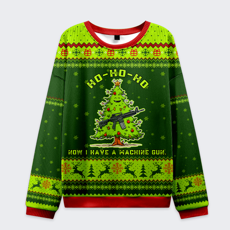 Ho Ho Ho Now I Have a Machine Gun Sweatshirt Front view of the green 'Ho Ho Ho, Now I Have a Machine Gun' sweatshirt featuring a festive Christmas tree design.