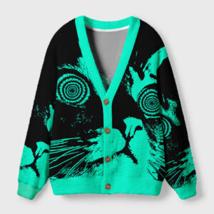 Front view of the cool cat Japanese cardigan sweater featuring a vibrant black and teal cat design.