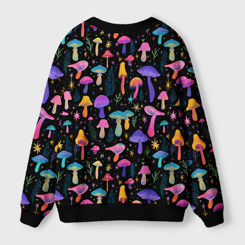 Magic Mushroom Cardigan Sweater | Psychedelic Forest Design Back view of the magic mushroom cardigan sweater showcasing its colorful mushroom pattern and cozy fit.